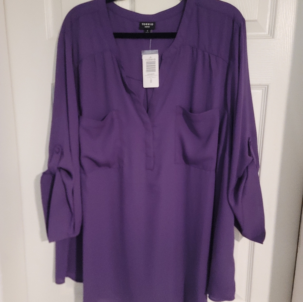 Torrid NWT Size 4 Harper Georgette 3/4 Sleeve Deep Purple Blouse - Picture 6 of 8